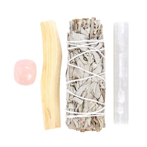 This smudge kit includes everything you need to cleanse your space of negative energies - just minus the match! Kit includes one bundle of dried white sage, a stick of palo santo, a selenite wand and a rose quartz tumblestone crystal for attracting love and friendship.