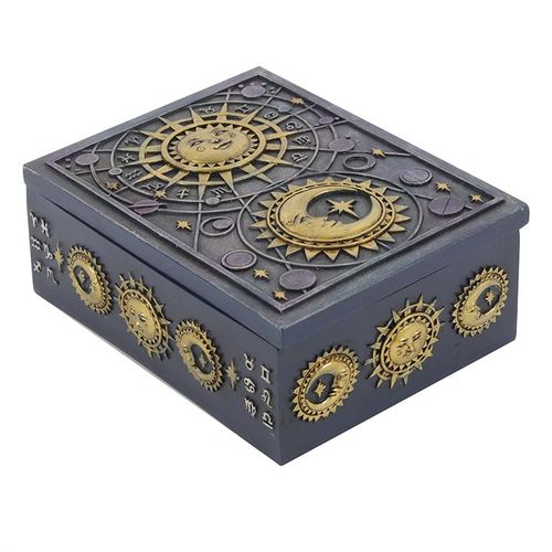 This enchanting resin box features raised astrology symbols and a finely detailed sun and moon motif adorned with a shimmering gold finish. Its celestial charm makes it ideal for safely storing small tarot decks, crystals, herbs, and other treasured items. The interior measures about 8cm by 12cm by 3cm, while the overall dimensions are H5.5cm x W10cm x D14cm, perfect for your mystical keepsakes. Packaged size is H10cm x W17.5cm x D13cm.