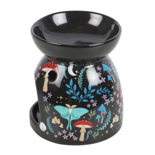 Black ceramic oil burner with colorful nature-themed design on a white background