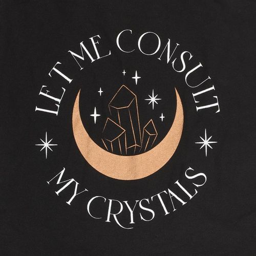 This trendy cotton tote bag is a fun and unique gift for any crystal collector or for anyone to stay in touch with their mystical side. Featuring "Let me consult my crystals" text accented by a gold crescent moon and crystal design on black cotton canvas. Includes ample space for sustainably carrying everyday essentials, crystals, or for shopping.