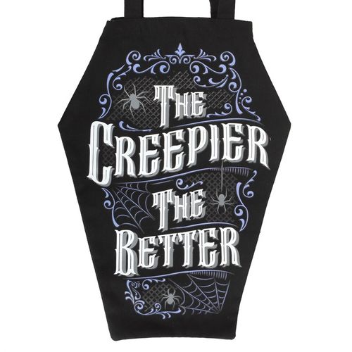 Black coffin-shaped bag with Halloween-themed text and graphics on a white background