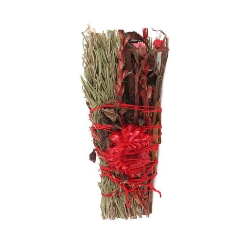 The act of ‘smudging’ is a traditional Native American practice used to cleanse and purify spaces using the smoke of burning sacred herbs. Sustainably sourced and made in the USA, this beautiful ritual wand features fragrant rosemary, dried red flowers, cinnamon bark and yerba santa sage thoughtfully handtied into a tight bundle for burning and display.