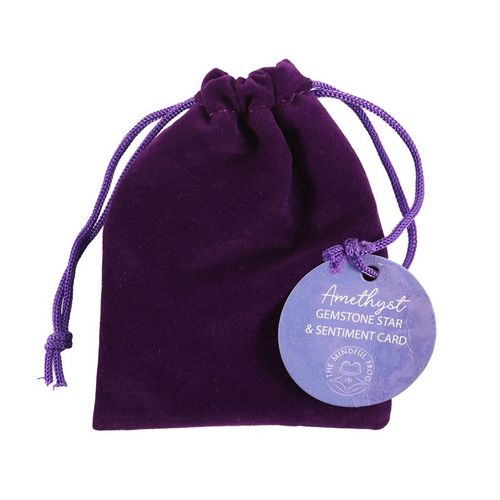 Promote clarity, protection and the cleansing of negative energies with this lucky amethyst crystal star. Presented in a purple velvet drawstring bag, this charm makes a meaningful token of inspiration and empowerment for anyone in need of some extra positivity. Includes a charming "Friends are like stars. You don't have to see them to know they're there" sentiment card.