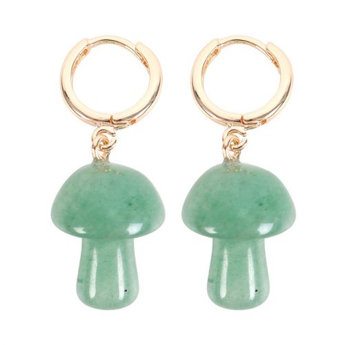 These enchanting mushroom earrings are crafted from polished aventurine. The mushroom-shaped gemstones harness the power of crystal healing, and are attached to small gold hoop earrings with a matching informational tag. Aventurine is a beautiful stone that promotes strength and bravery, making it a powerful tool for overcoming difficult tasks. Due to its nature, stone may vary in size, shape and colour.