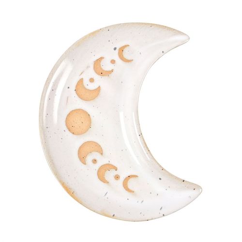 Crescent moon-shaped ceramic plate with gold accents on a white background