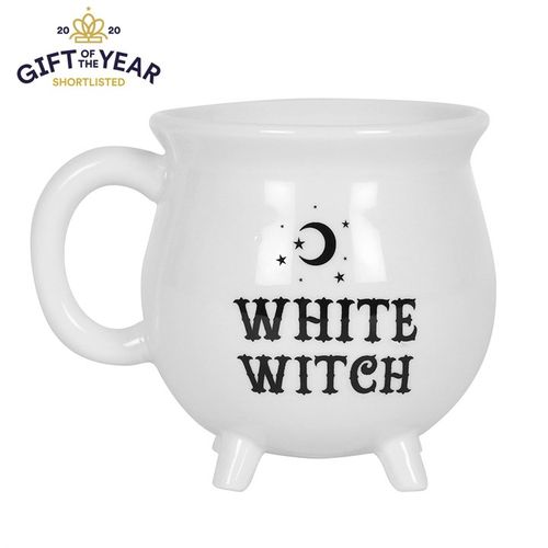 This enchanting white mug resembles a classic cauldron and is inscribed with the phrase 'White Witch.' It arrives nestled in a coordinating cardboard box, perfect for gifting or storage. Crafted for everyday magic, it is safe to use in both the microwave and dishwasher. Dimensions: Height 10cm, Width 13cm, Depth 10cm. Packaged size: Height 11cm, Width 12cm, Depth 10cm.