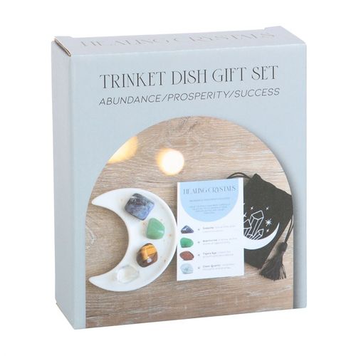This stunning set of healing crystals comes with four crystal tumblestones to help attract prosperity and success. Includes a crescent moon trinket dish, matching information card and a printed drawstring, making this a meaningful gift for those in need of some extra care.