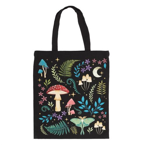 Embrace the enchantment of the wild with this tote bag, crafted to carry nature’s magic by your side. Featuring a spellbinding dark forest scene filled with mystical mushrooms, a luminous luna moth, and enchanted flora. Made from sturdy black cotton canvas, this tote offers generous space for your daily essentials or market treasures, perfect for those who walk between worlds.