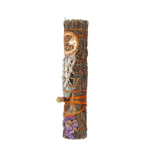 The act of ‘smudging’ is a traditional Native American practice used to cleanse and purify spaces using the smoke of burning sacred herbs. Sustainably sourced and made in the USA, this beautiful ritual wand features fragrant rosemary, lavender flowers, white sage, abalone shell pieces, palo santo, orange peel and a raw aventurine crystal thoughtfully handtied into a tight bundle for burning and display.