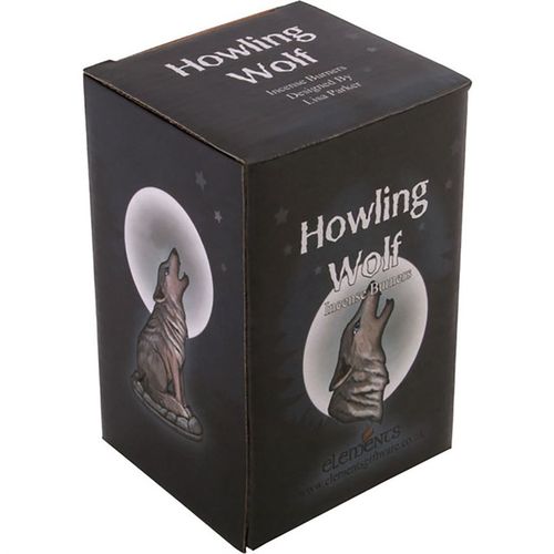 Box packaging for 'Howling Wolf' figurine with wolf illustration on a dark background