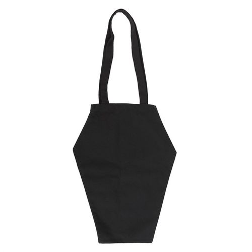 Black tote bag with a strap on a white background