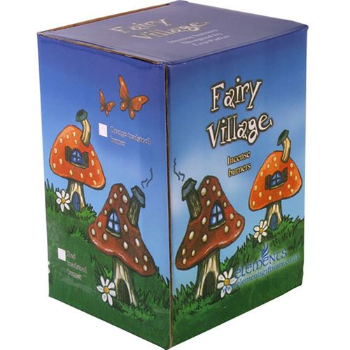 Box of Fairy Village incense burners with mushroom design on a blue background