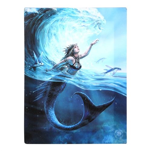 Immerse yourself in the enchanting world of elemental magic with this 25x19cm canvas wall plaque, showcasing the Water Elemental Sorceress by renowned fantasy artist Anne Stokes. This high-quality, full-colour print captures a mesmerizing mermaid rising gracefully from a swirling blue wave, accompanied by ethereal flying fish that seem to dance in the mist. Perfect for those who seek to invite the serene yet powerful energy of water into their sacred space, this piece is a captivating tribute to the mystica