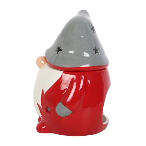 Gnome-shaped ceramic jar with a gray hat on a white background