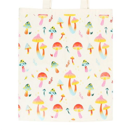 Tote bag with colorful mushroom pattern on a white background