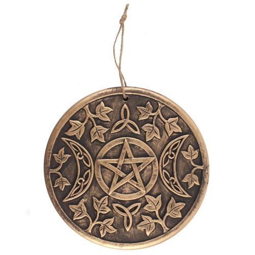 This detailed circular terracotta plaque features a shimmering bronze finish and includes a twine loop for easy display. Showcasing the triple moon symbol—also known as the triple goddess—it embodies the Maiden, Mother, and Crone phases as the waxing, full, and waning moon. This emblem is deeply connected to feminine power and intuitive insight, making it a perfect talisman for those drawn to mystical energies.
