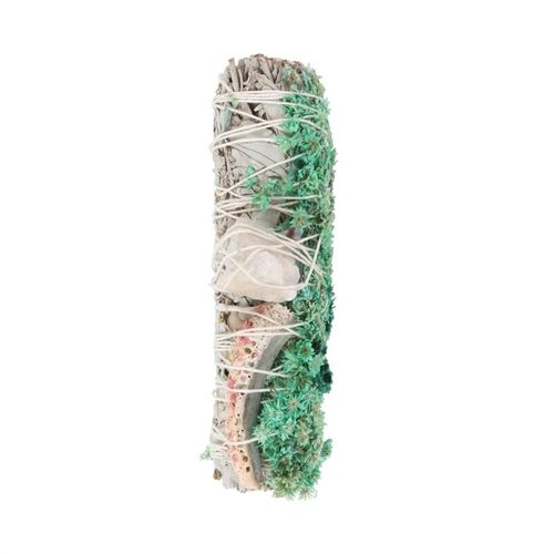 The act of ‘smudging’ is a traditional Native American practice used to cleanse and purify spaces using the smoke of burning sacred herbs. Sustainably sourced and made in the USA, this beautiful ritual wand features white sage, abalone shell pieces, dried green flowers and a raw quartz crystal thoughtfully handtied into a tight bundle for burning and display.