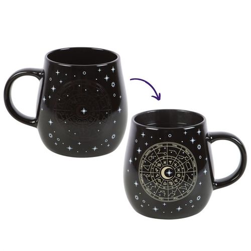 Infuse your morning ritual with cosmic enchantment using this mystical heat-sensitive mug. As warmth fills the 500ml black ceramic vessel, a radiant gold Astrology Wheel emerges, encircled by shimmering stars. Dishwasher safe for easy cleansing, but keep it away from the microwave to preserve its magic.