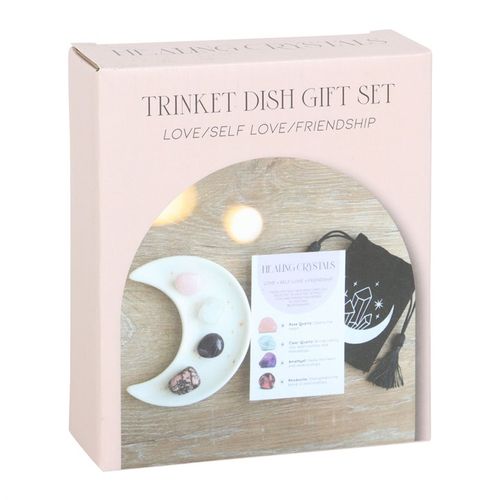 This stunning set of healing crystals comes with four crystal tumblestones to promote self-confidence, grow friendships and attract love. Includes a crescent moon trinket dish, matching information card and a printed drawstring, making this a meaningful gift for those in need of some extra care.
