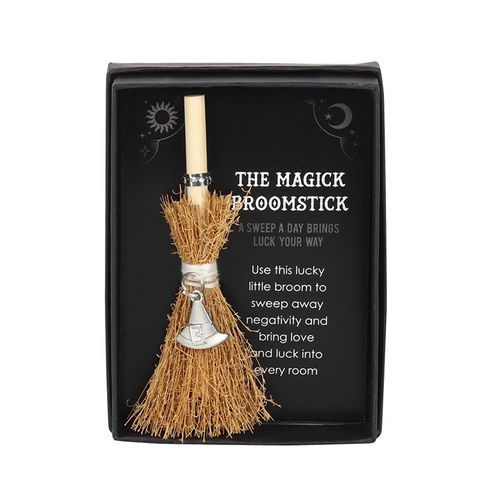 Invite fortune and good vibes with this enchanting mini broomstick. Ideal for a small altar, kitchen display, desk companion, or carrying with you to boost positivity wherever you go. It bears the inscription: "A sweep a day brings luck your way. Use this lucky little broom to sweep worries away out of the door. Worries be gone and strife no more," accompanied by a shimmering silver triple moon charm. Dimensions: H11cm x W8cm x D3cm; Packaged: H3cm x W8cm x D11cm.