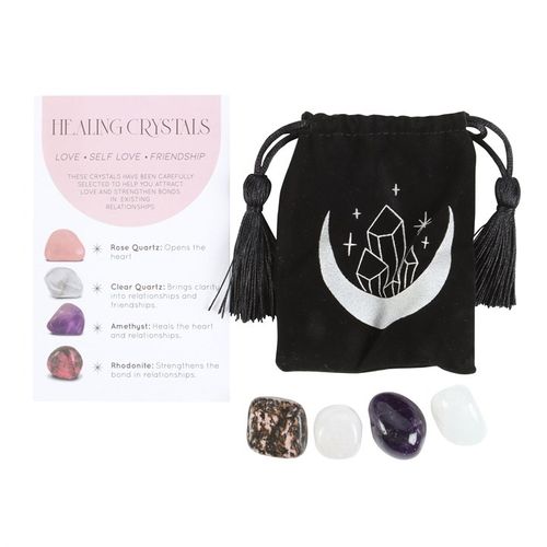 This stunning set of healing crystals comes with four crystal tumblestones to promote self-confidence, grow friendships and attract love. Includes a crescent moon trinket dish, matching information card and a printed drawstring, making this a meaningful gift for those in need of some extra care.