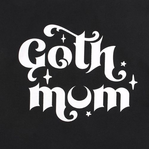Carry your mum essentials everywhere you go with this black canvas tote bag with spooky 'Goth Mum' text.