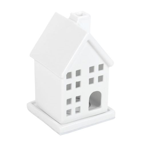 White ceramic birdhouse with a small door on a white background