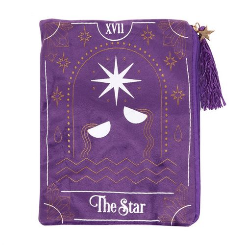 This velvet zipper pouch is the perfect place to keep tarot decks, crystals, beauty products and other treasures. Features a stunning white and gold star tarot card illustration on the front and a matching tassel and gold star charm on the zipper.