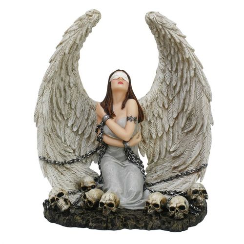 Statue of an angel with chains and skulls on a white background
