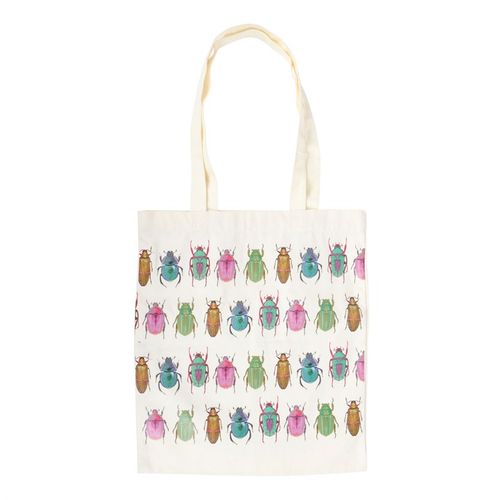 Tote bag with colorful beetle pattern on a white background