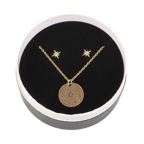 This celestial jewellery set includes a pair of dainty starburst earrings and a matching astrology wheel pendant necklace. Perfect for those who keep their star signs close and feel one with the cosmos, this gift set is a meaningful token representing the vast universe and its infinite power.