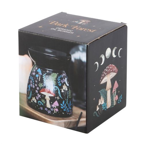 Ceramic oil burner with mushroom design in packaging box labeled 'Dark Forest'.