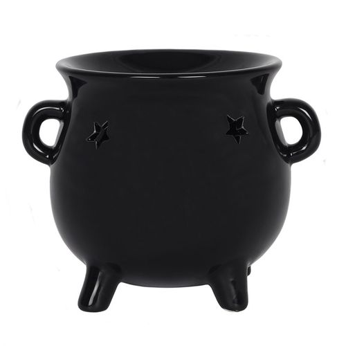Black cauldron with star designs on a white background