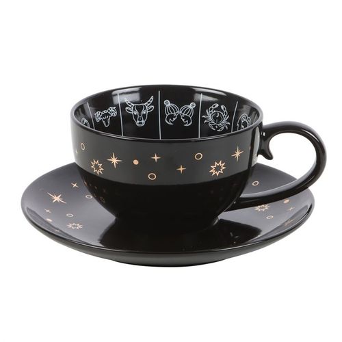 This enchanting black teacup, adorned with a celestial astrology wheel and zodiac signs in elegant white and gold, invites you to divine the future through tea leaf reading. Paired with a matching black saucer, its design helps you link tea leaf patterns to astrological meanings, revealing hidden insights. With a 500ml capacity, this mystical vessel is perfect for your sacred rituals. Handwash only; not suitable for microwave use.