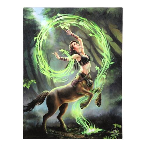 Painting of a woman on horseback surrounded by green energy in a forest setting