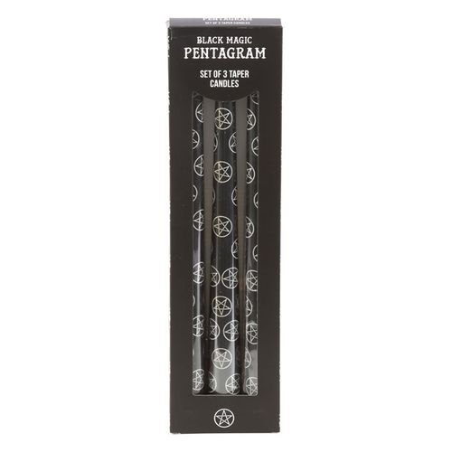 Harness the protective power of shadow and symbolism with this enchanting set of 3 black taper candles, each one adorned with the ancient pentagram—a sacred symbol of balance, protection, and connection to the elements. These mystical candles are not only a stunning addition to your altar or ritual space, but also serve beautifully as decorative accents for sacred gatherings, spiritual ceremonies, or seasonal feasts.
Black candles are revered among energy workers and crystal healers for their powerful grou