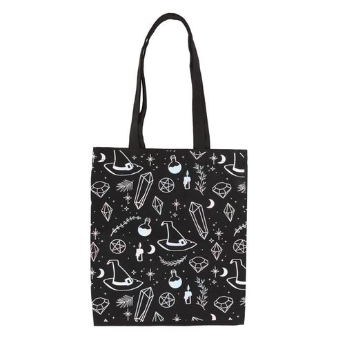 This trendy Polycotton tote bag is a fun and unique gift for any crystal collector or for anyone to stay in touch with their witchy side. Adorned with designs of crystals, witch hats and potions on a black Polycotton canvas. Includes ample space for sustainably carrying everyday essentials or for shopping.