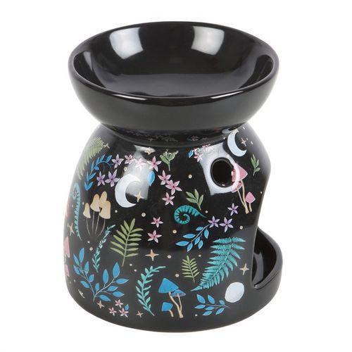 Black ceramic oil burner with colorful floral and moon designs on a white background