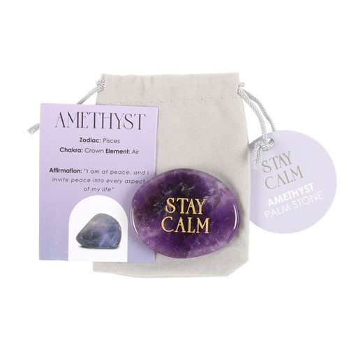 This amethyst palm stone, etched with golden "stay calm" lettering, serves as a powerful talisman of tranquility and healing. Its serene energy enhances clarity and soothes the spirit, embodying a sacred charm for well-being. Accompanied by a mystical guide card and a protective drawstring pouch, it is a treasured gift to inspire peace and gentle strength.
