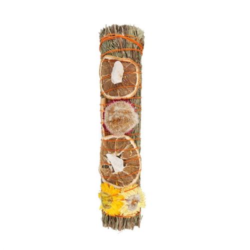 The act of ‘smudging’ is a traditional Native American practice used to cleanse and purify spaces using the smoke of burning sacred herbs. Sustainably sourced and made in the USA, this beautiful ritual wand features fragrant rosemary, palo santo, orange peels, dried flowers and a raw quartz crystal thoughtfully handtied into a tight bundle for burning and display.