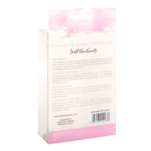 This smudge kit includes everything you need to cleanse your space of negative energies - just minus the match! Kit includes one bundle of dried white sage, a stick of palo santo, a selenite wand and a rose quartz tumblestone crystal for attracting love and friendship.