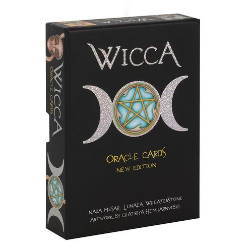 Wicca Oracle Cards packaging with triple moon symbol on a black background