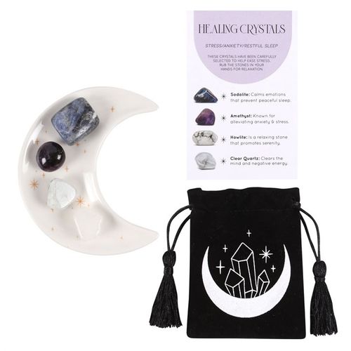 This stunning set of healing crystals comes with four crystal tumblestones to help reduce stress, ease anxiety and promote restful sleep. Includes a crescent moon trinket dish, matching information card and a printed drawstring, making this a meaningful gift for those in need of some extra care.
