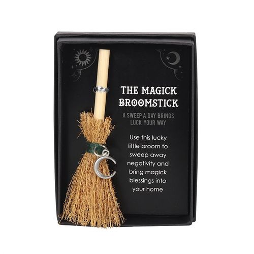 Attract luck and positive energy with this mini magic broomstick. Perfect in size for using on a mini altar, displaying on a kitchen shelf, keeping at a desk, or taking on the go for extra positivity. Features text that reads, 'A sweep a day brings luck your way. Use this lucky little broom to sweep away negativity and bring magick blessings into your home' and a silver tone crescent moon charm. Product Dimensions: H10.5cm x W7.5cm x D1.5cm Packaged Dimensions: H11cm x W8cm x D3cm