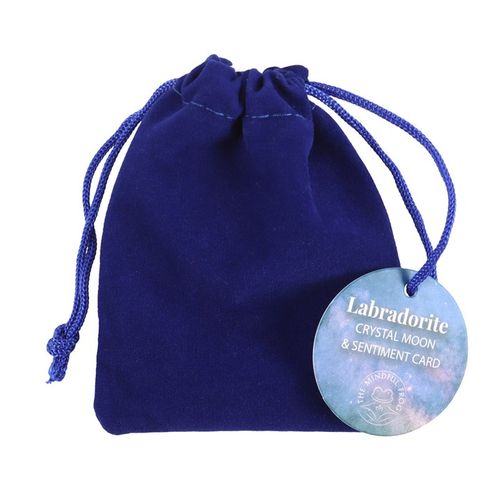Capture the energy of the moon with this small crescent-shaped labradorite crystal. Accompanied by a matching sentiment card with inspiring, "Love you to the moon & back" text and a drawstring bag, it's the perfect token to remind someone of their inner strength and importance.