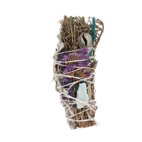 The act of ‘smudging’ is a traditional Native American practice used to cleanse and purify spaces using the smoke of burning sacred herbs. Sustainably sourced and made in the USA, this beautiful ritual wand features fragrant rosemary, white sage, lavender flowers, abalone shell pieces and a raw aventurine crystal thoughtfully handtied into a tight bundle for burning and display.