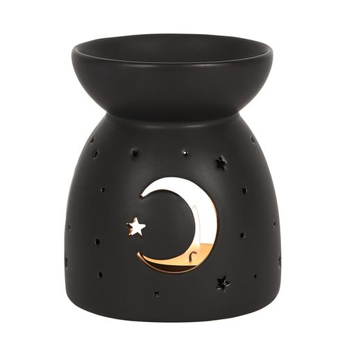 Embrace the magic of the night with this black ceramic oil burner, adorned with an enchanting crescent moon and star cutout. Crafted with a soothing matt finish, it’s perfect for channeling calm energies and elevating your spiritual space. Ideal for burning your favorite fragrance oils or wax melts, this burner releases mystical aromas that enhance meditation, rituals, or simply create a serene atmosphere. Its compact size (H10.5cm x W9.5cm x D9.5cm) makes it a perfect fit for altars, sacred corners, or Hal