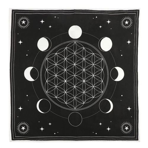 Enhance your sacred space with this black cotton altar cloth adorned with a white moon phases motif. The changing phases of the Moon are thought to influence natural rhythms and amplify the power of your spells. Dimensions: 70cm by 70cm, thickness 0.1cm. Packaged size: 30cm by 28cm by 0.5cm.