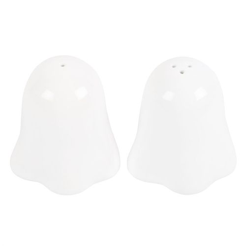 Two white salt and pepper shakers on a white background