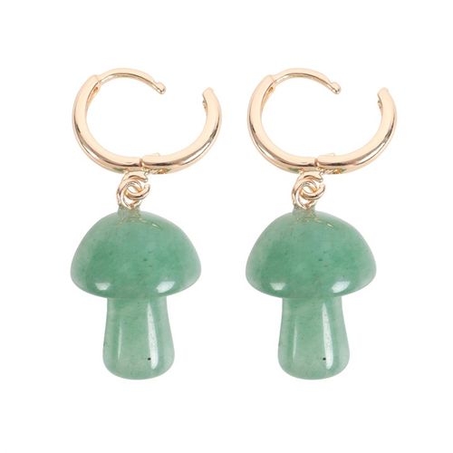 These enchanting mushroom earrings are crafted from polished aventurine. The mushroom-shaped gemstones harness the power of crystal healing, and are attached to small gold hoop earrings with a matching informational tag. Aventurine is a beautiful stone that promotes strength and bravery, making it a powerful tool for overcoming difficult tasks. Due to its nature, stone may vary in size, shape and colour.